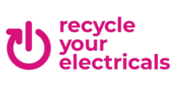 Logo showing a power button symbol encircled by an arrow, next to the text 'recycle your electricals'.